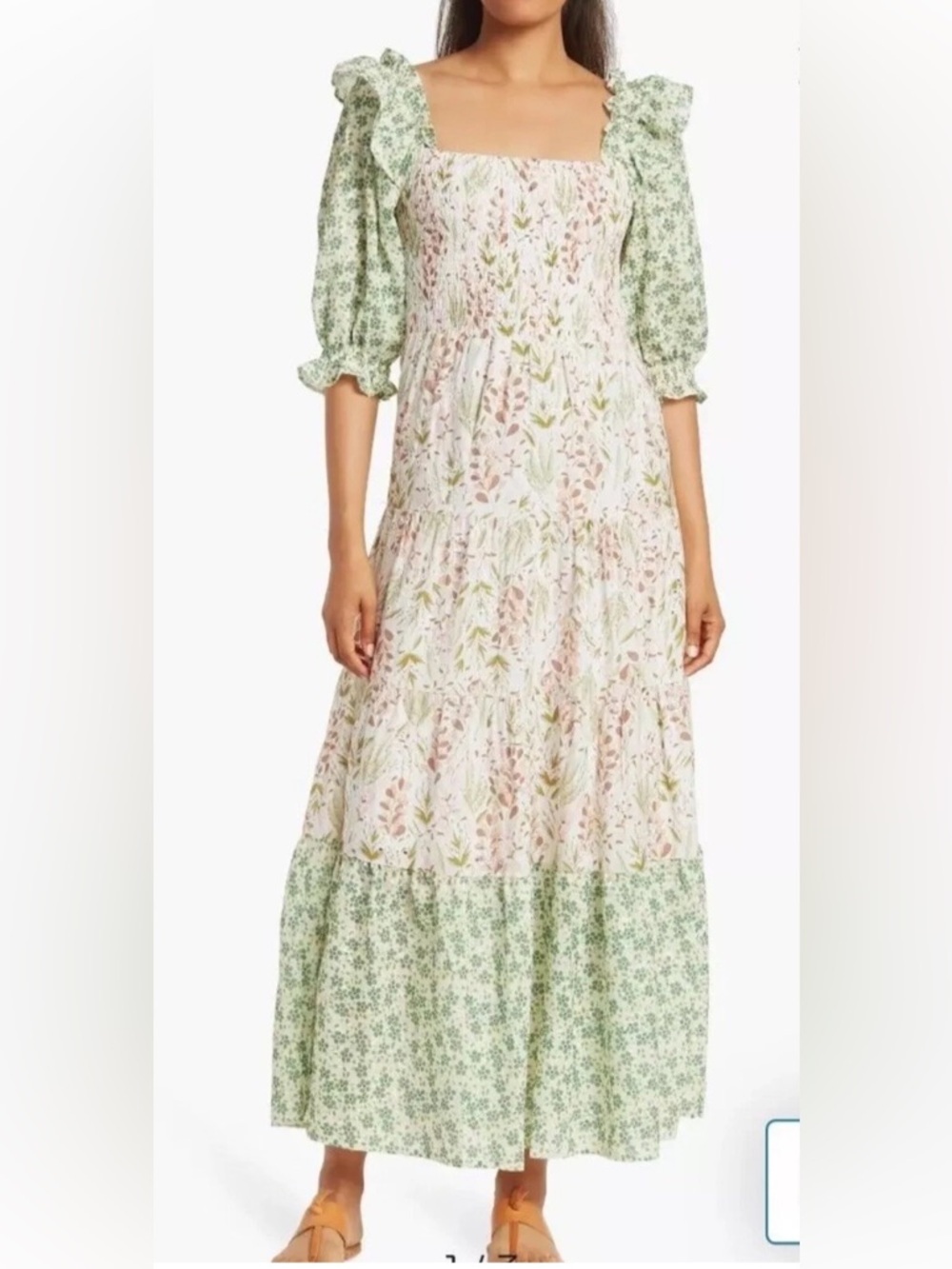 Melloday Eyelet Embroidered Smocked Bodice Tiered Maxi Dress In Floral Print